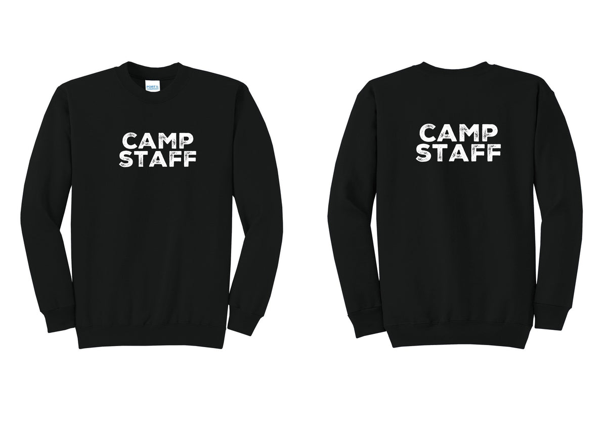 NYC Factory Camp Staff Cotton Fleece Crewneck Sweatshirt (Rustic) - Front + Back - Black