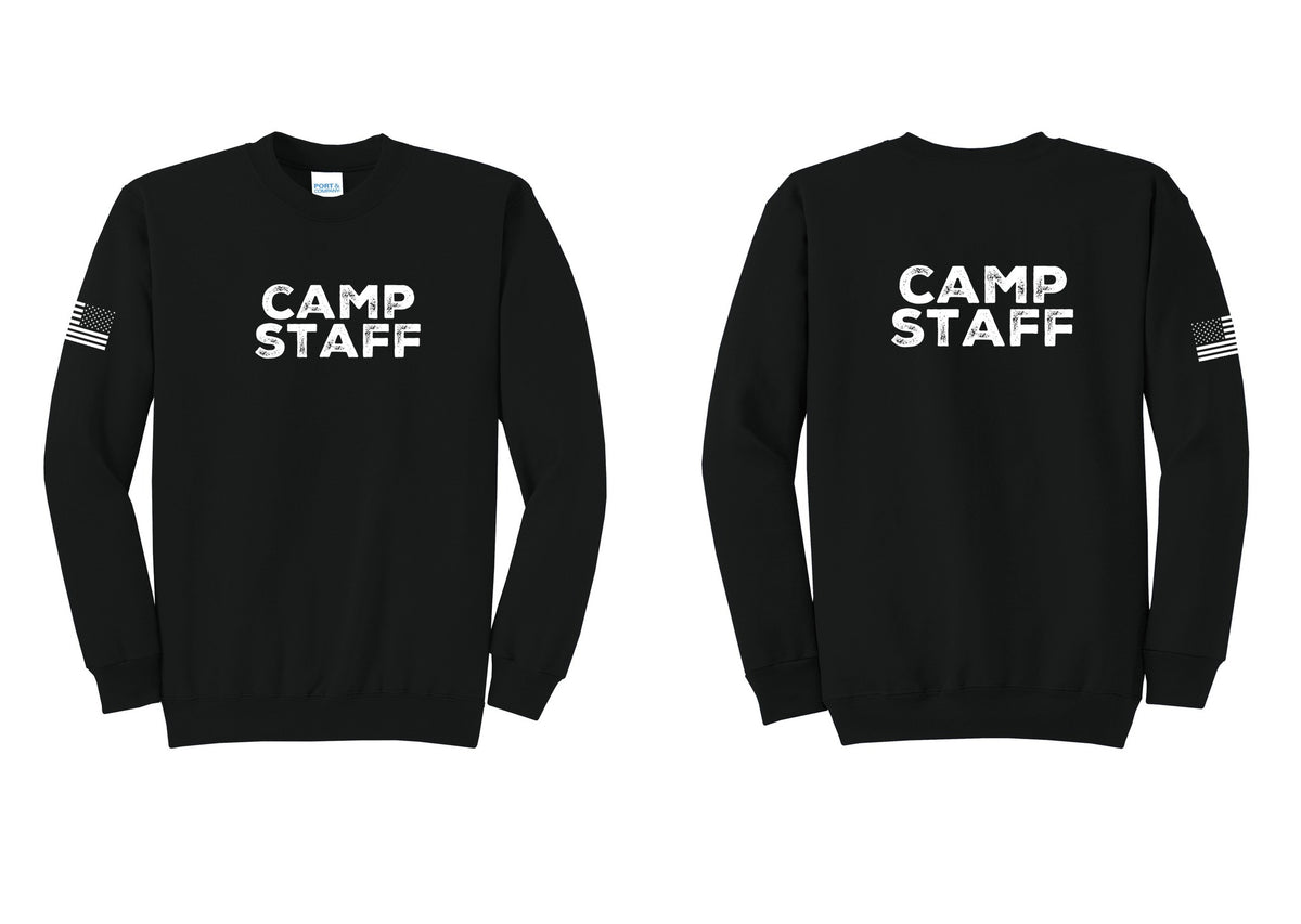 NYC Factory Camp Staff Cotton Fleece Crewneck Sweatshirt (Rustic) - Front + Back + US Flag Sleeve - Black