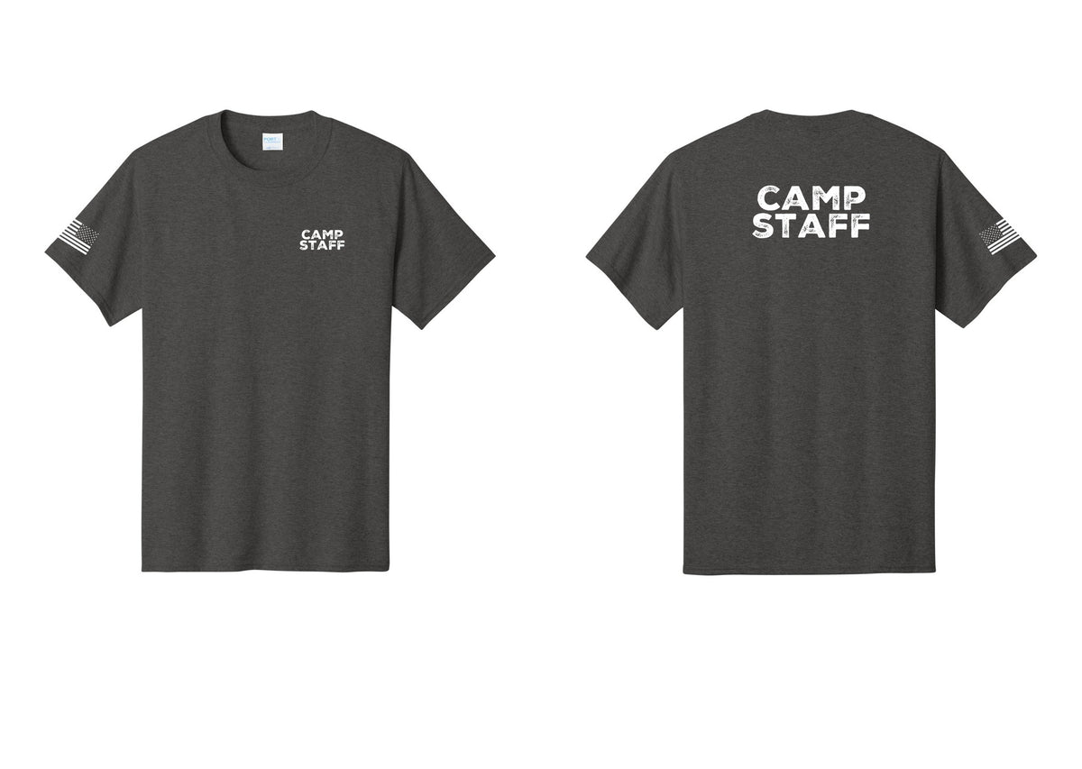 NYC Factory Unisex Camp Staff Charcoal T-Shirt - Chest + Back + US Flag Sleeve - Dark Heather Grey