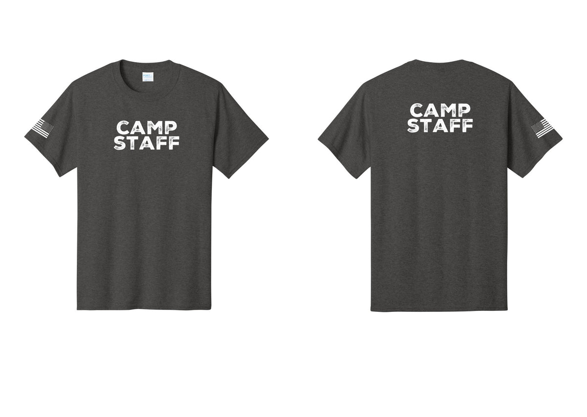 NYC Factory Camp Staff T-Shirt - Front + Back + US Flag Sleeve - Dark Heather Grey