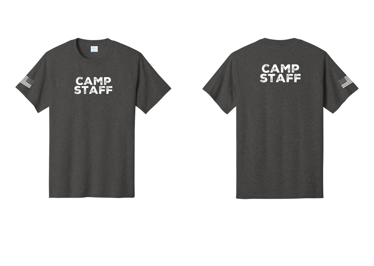 NYC Factory Unisex Camp Staff Charcoal T-Shirt - Front + Back + US Flag Sleeve - Dark Heather Grey