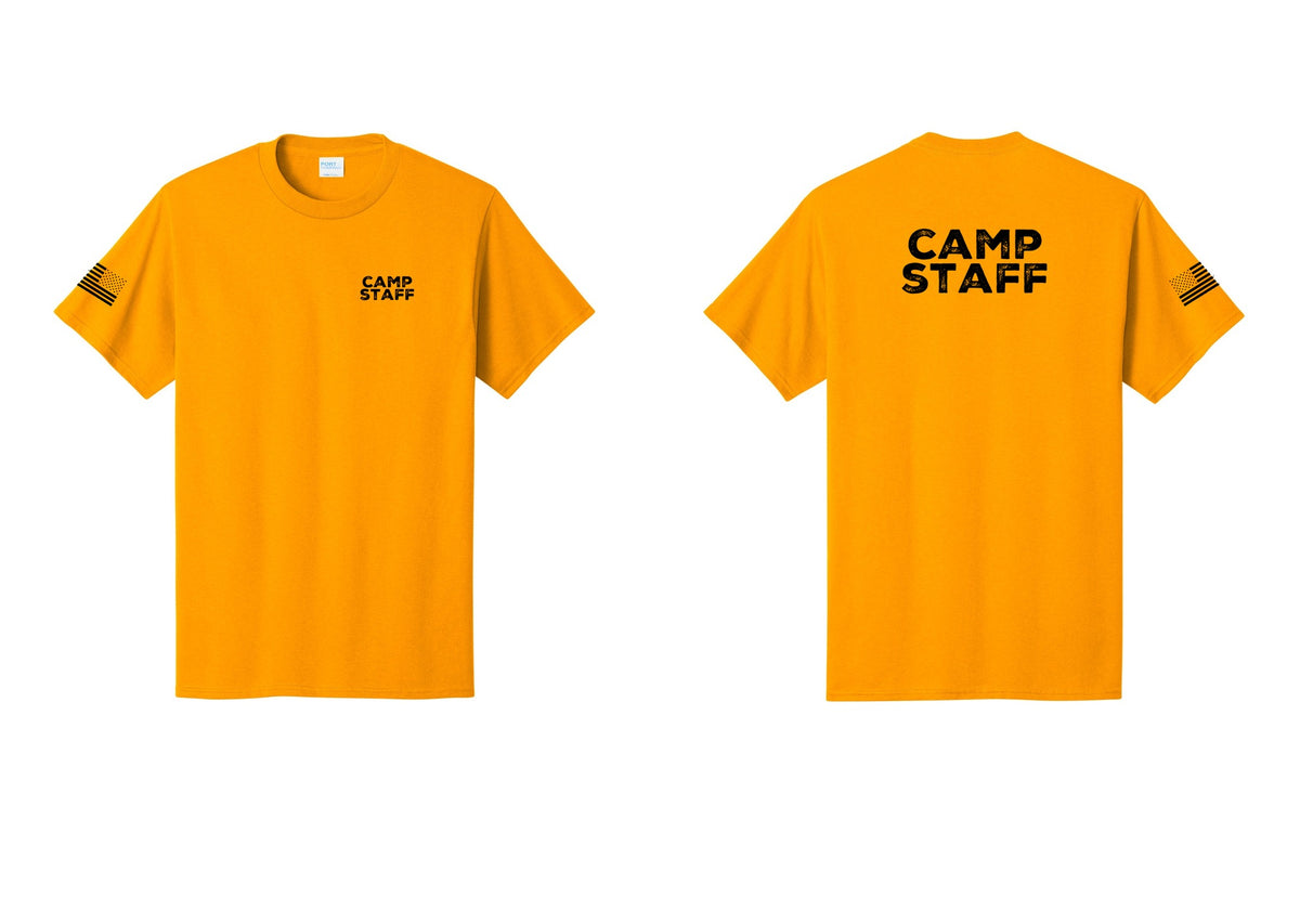 NYC Factory Camp Staff T-Shirt - Chest + Back + US Flag Sleeve - Gold