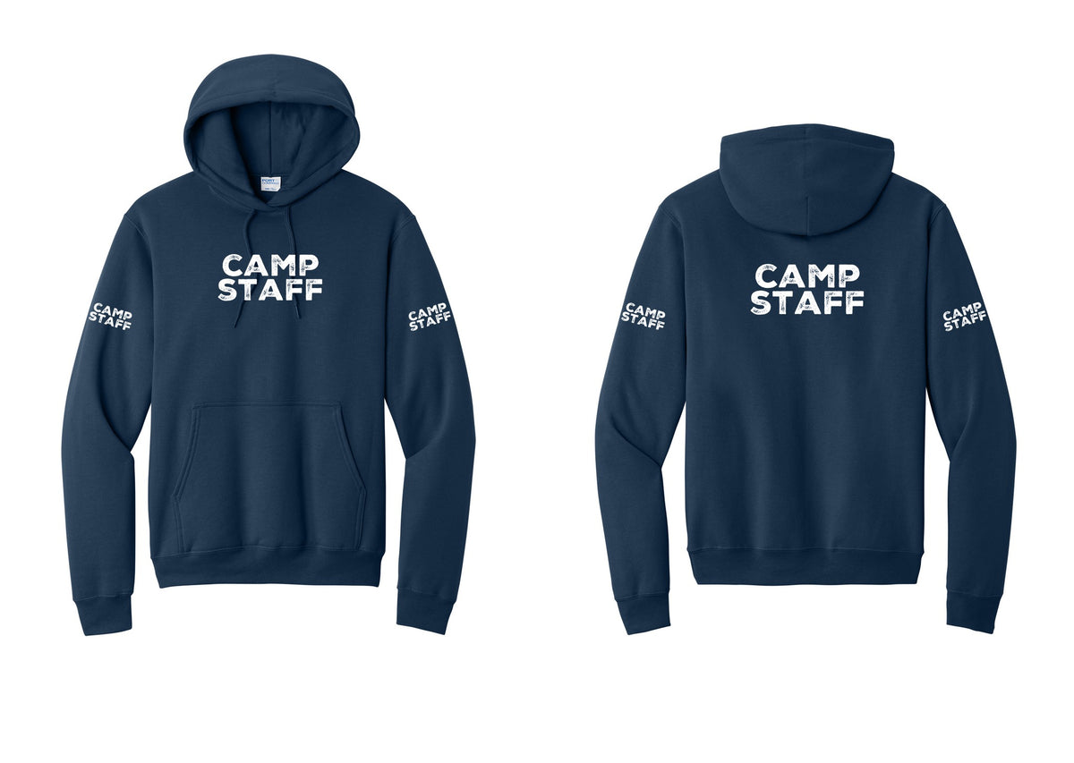 NYC Factory Camp Staff Cotton Fleece Pullover Hoodie (Rustic) - Front + Back + Camp Staff Sleeves - Navy