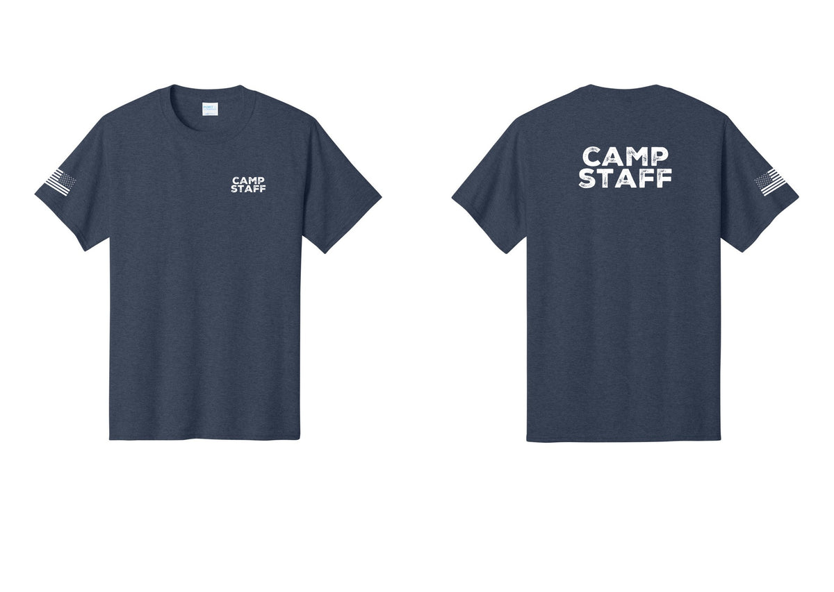 NYC Factory Camp Staff T-Shirt - Chest + Back + US Flag Sleeve - Heather Navy