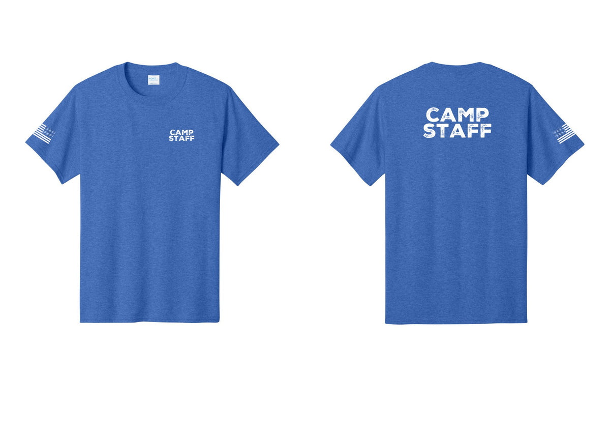 NYC Factory Camp Staff T-Shirt - Chest + Back + US Flag Sleeve - Heather Royal