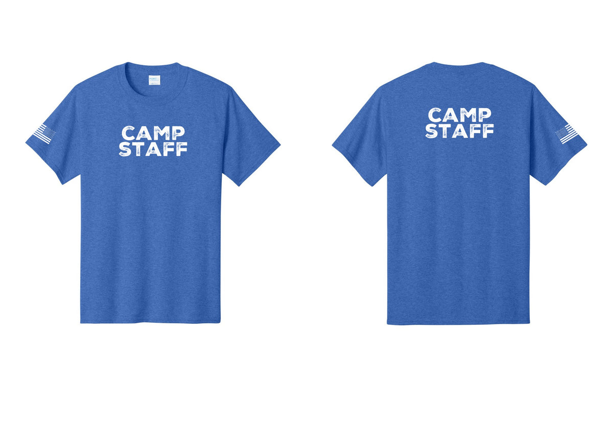 NYC Factory Camp Staff T-Shirt - Front + Back + US Flag Sleeve - Heather Royal