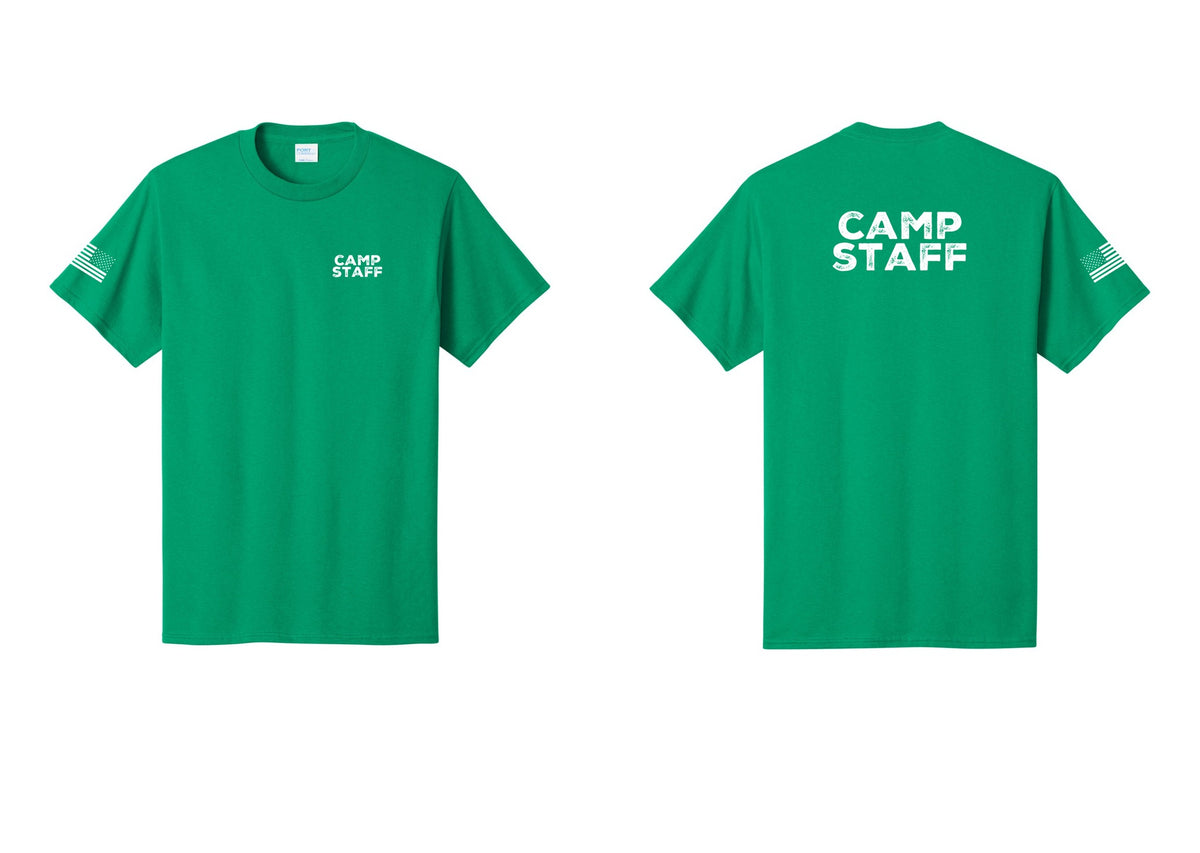 NYC Factory Camp Staff T-Shirt - Chest + Back + US Flag Sleeve - Kelly