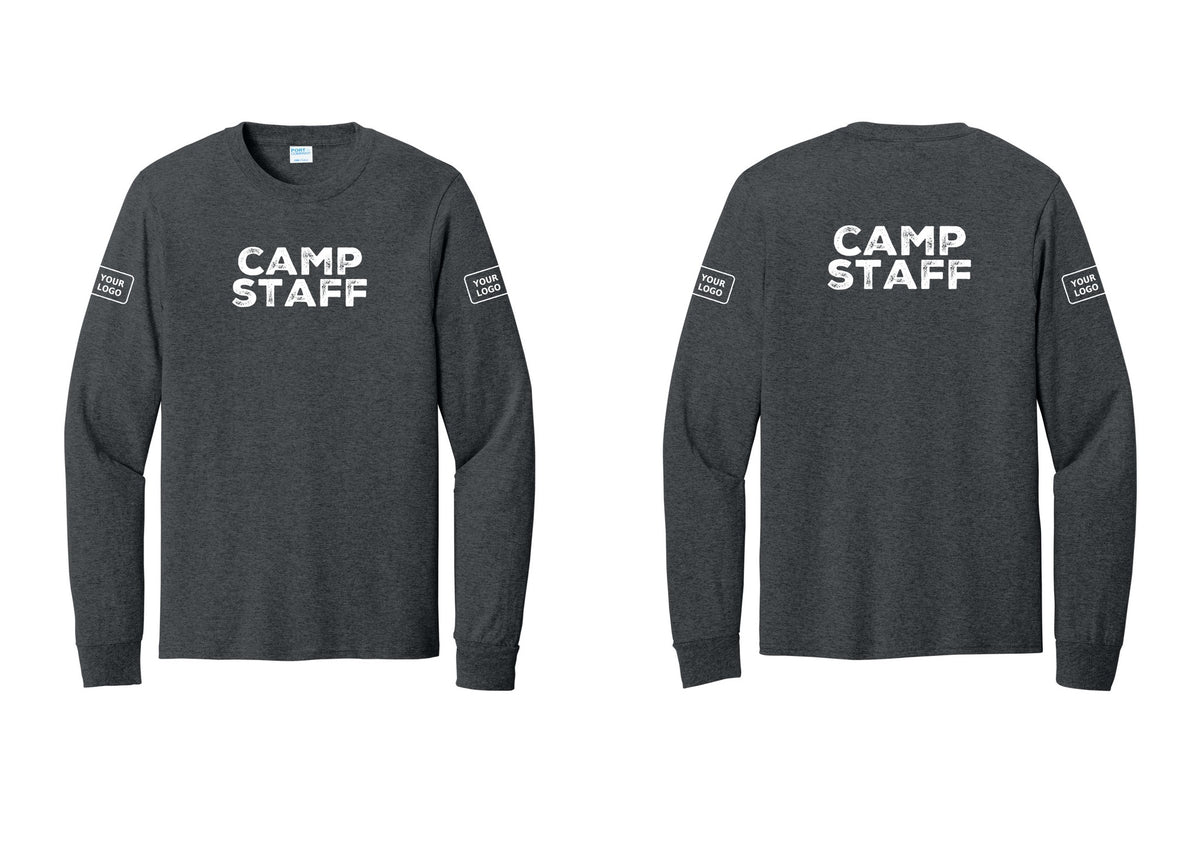 NYC Factory Custom Logo Camp Staff Cotton Long Sleeve T-Shirt (Rustic) - Front + Back + Your Logo Sleeves - Dark Heather Grey