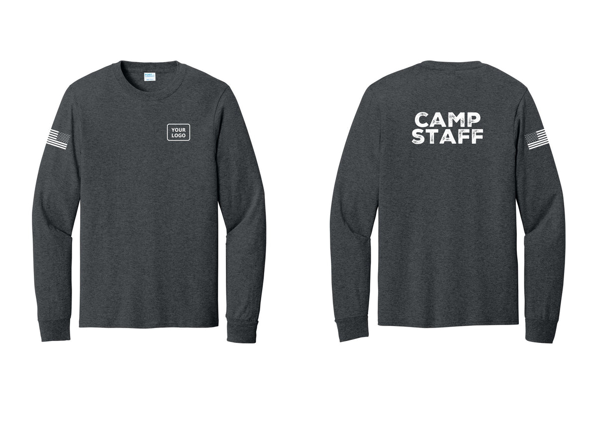 NYC Factory Custom Logo Camp Staff Cotton Long Sleeve T-Shirt (Rustic) - Your Logo + Back + US Flag Sleeve - Dark Heather Grey