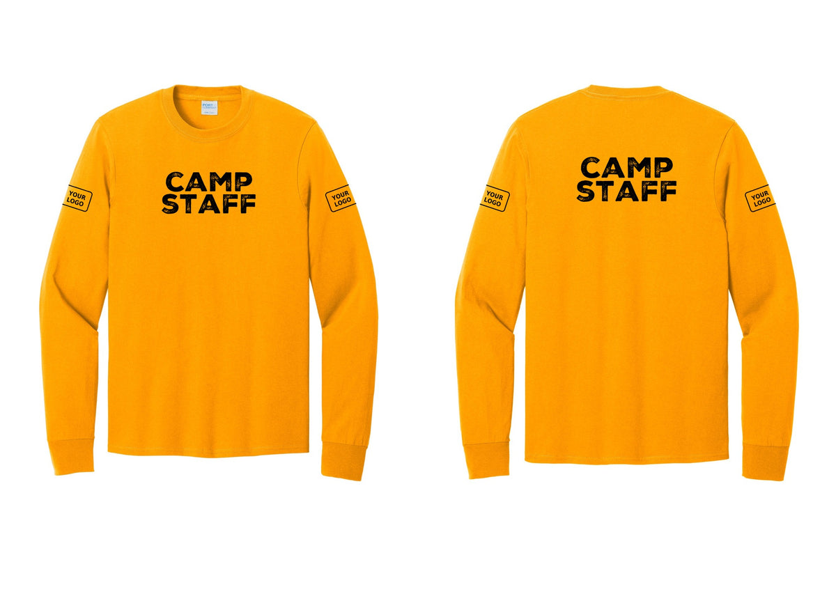 NYC Factory Custom Logo Camp Staff Cotton Long Sleeve T-Shirt (Rustic) - Front + Back + Your Logo Sleeves - Gold
