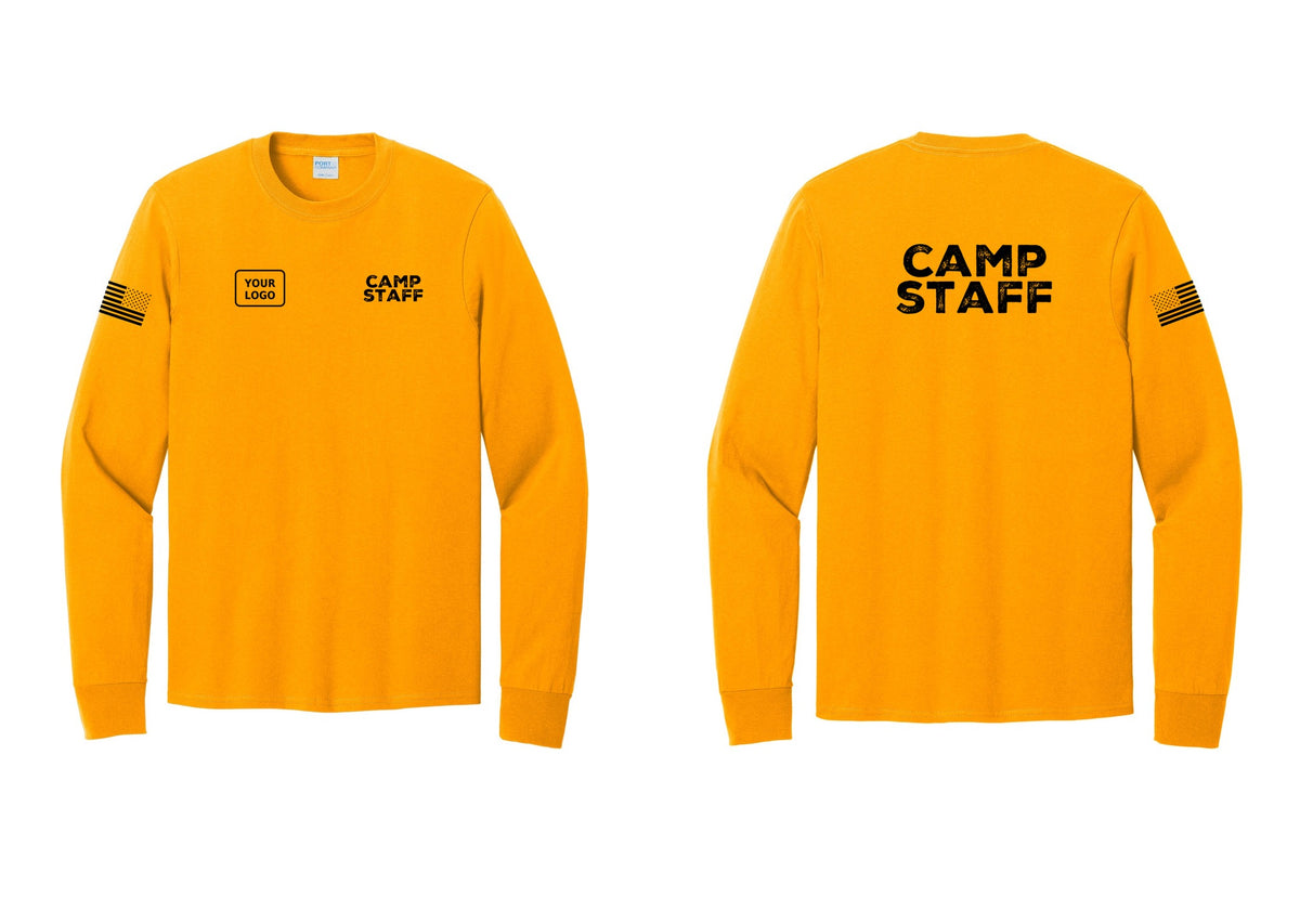 NYC Factory Custom Logo Camp Staff Cotton Long Sleeve T-Shirt (Rustic) - CAMP STAFF + Your Logo + Back + US Flag Sleeve - Gold