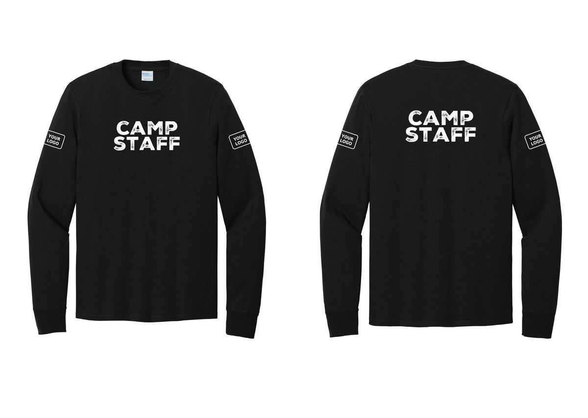 NYC Factory Custom Logo Camp Staff Cotton Long Sleeve T-Shirt (Rustic) - Front + Back + Your Logo Sleeves - Black