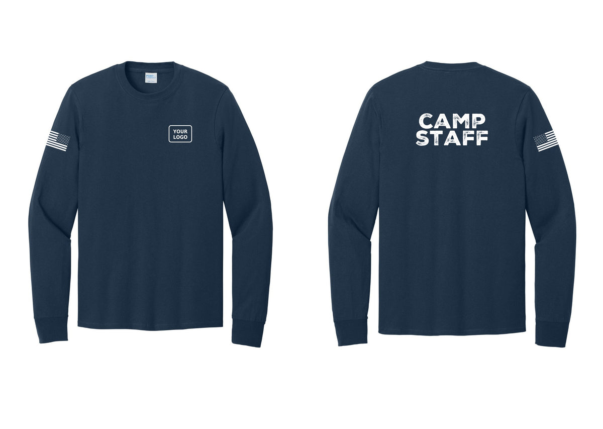 NYC Factory Custom Logo Camp Staff Cotton Long Sleeve T-Shirt (Rustic) - Your Logo + Back + US Flag Sleeve - Navy