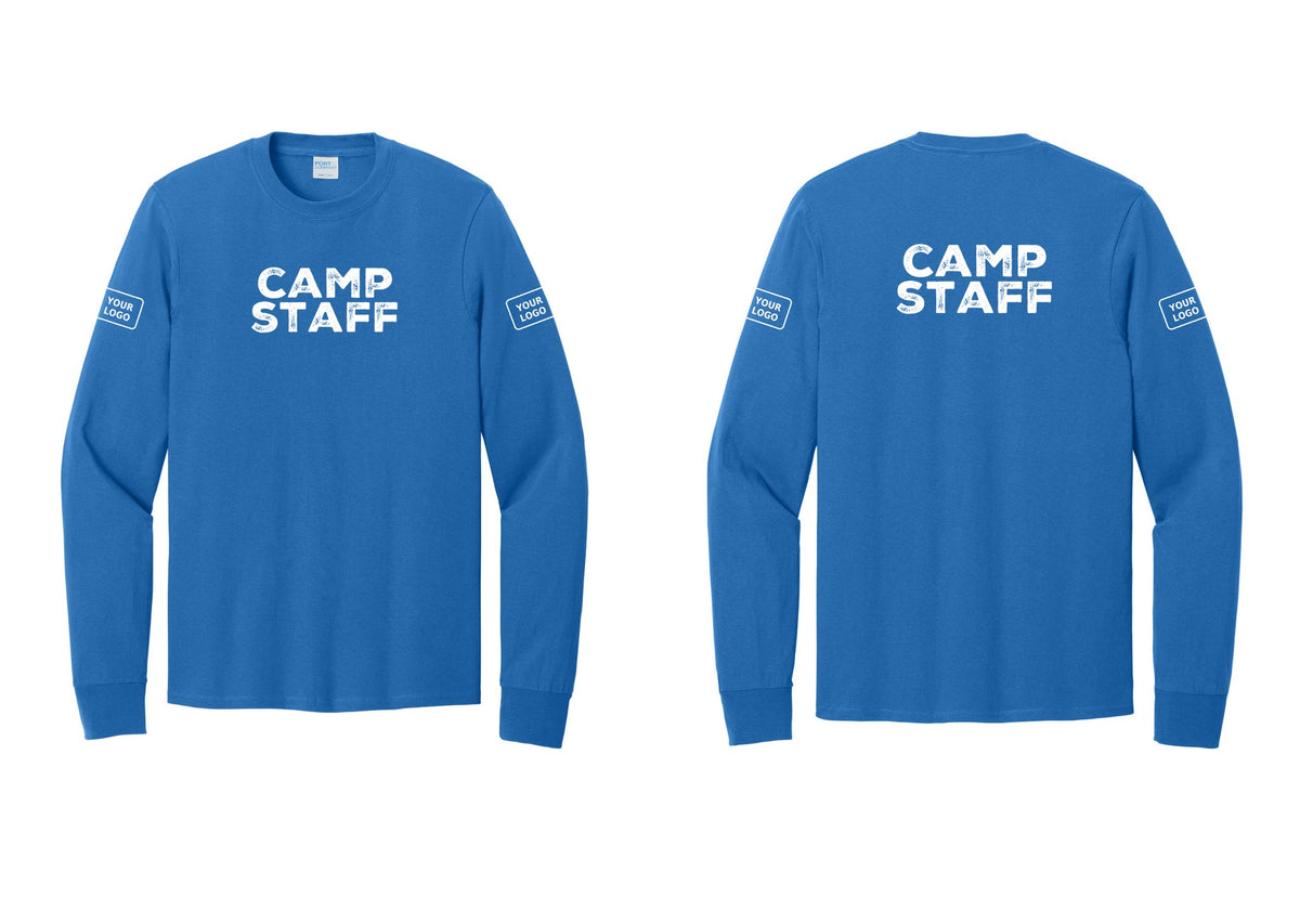 NYC Factory Custom Logo Camp Staff Cotton Long Sleeve T-Shirt (Rustic) - Front + Back + Your Logo Sleeves - Royal