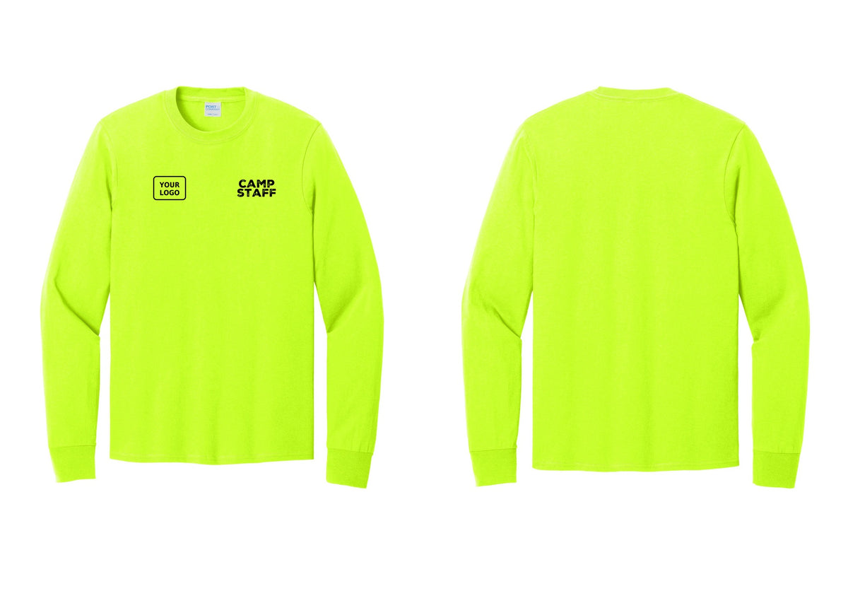 NYC Factory Custom Logo Camp Staff Cotton Long Sleeve T-Shirt (Rustic) - CAMP STAFF + Your Logo - Safety Green