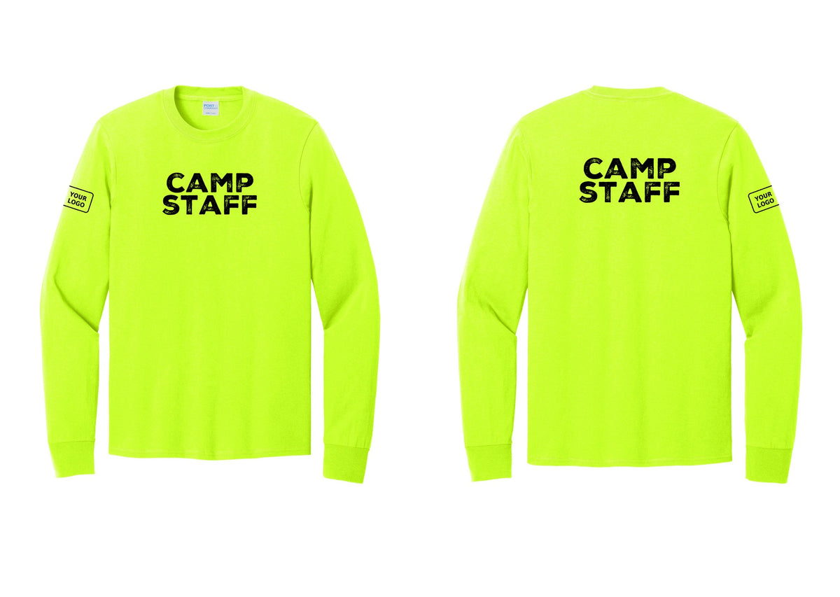 NYC Factory Custom Logo Camp Staff Cotton Long Sleeve T-Shirt (Rustic) - Front + Back + Your Logo Sleeve - Safety Green