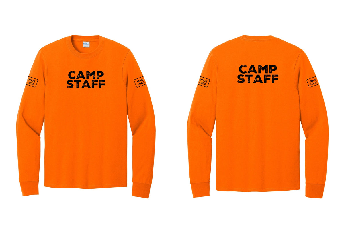 NYC Factory Custom Logo Camp Staff Cotton Long Sleeve T-Shirt (Rustic) - Front + Back + Your Logo Sleeves - Safety Orange
