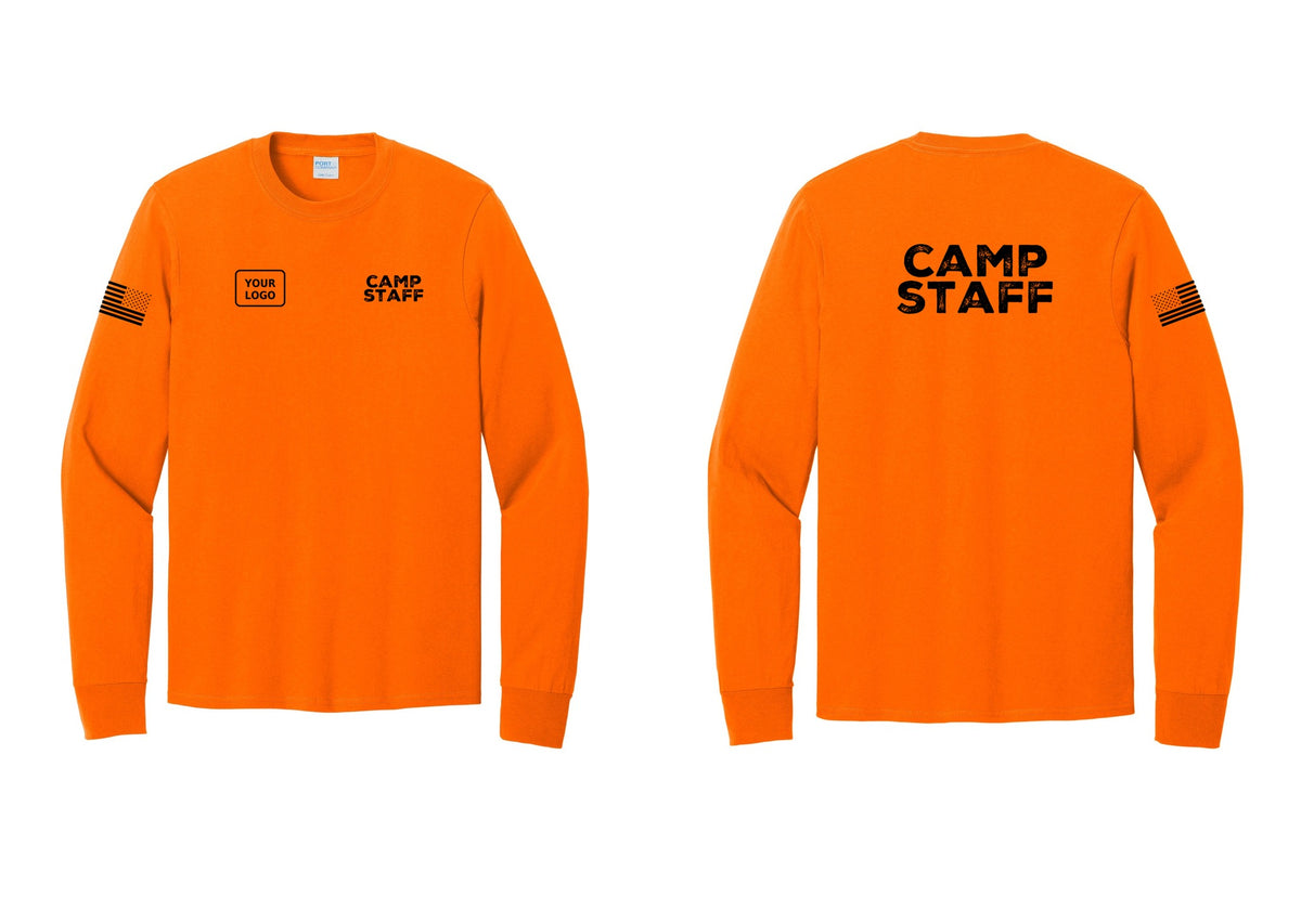 NYC Factory Custom Logo Camp Staff Cotton Long Sleeve T-Shirt (Rustic) - CAMP STAFF + Your Logo + Back + US Flag Sleeve - Safety Orange