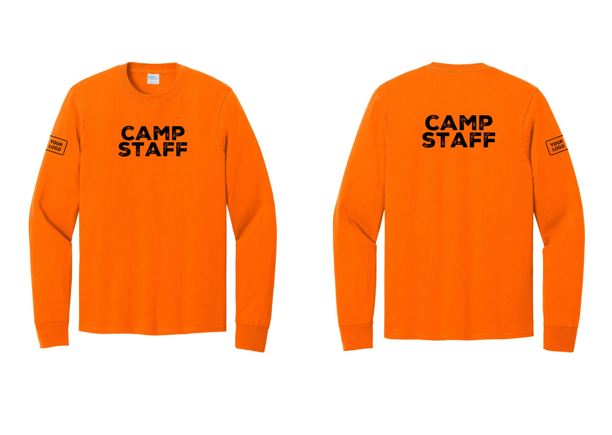 NYC Factory Custom Logo Camp Staff Cotton Long Sleeve T-Shirt (Rustic) - Front + Back + Your Logo Sleeve - Safety Orange