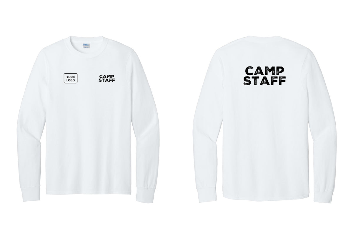 NYC Factory Custom Logo Camp Staff Cotton Long Sleeve T-Shirt (Rustic) - CAMP STAFF + Your Logo + Back - White