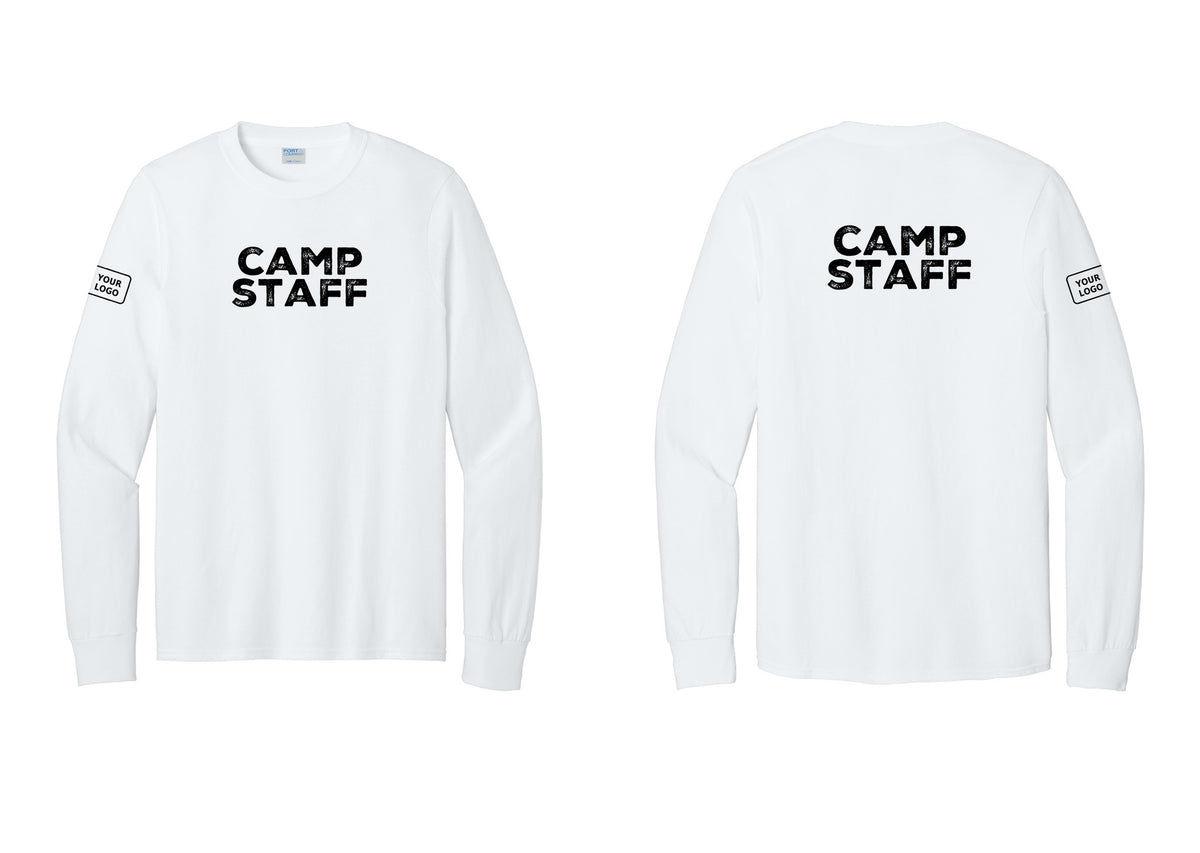 NYC Factory Custom Logo Camp Staff Cotton Long Sleeve T-Shirt (Rustic) - Front + Back + Your Logo Sleeve - White