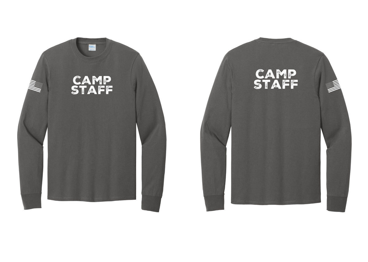 NYC Factory Camp Staff Cotton Long Sleeve T-Shirt (Rustic) - Front + Back + US Flag Sleeve - Charcoal
