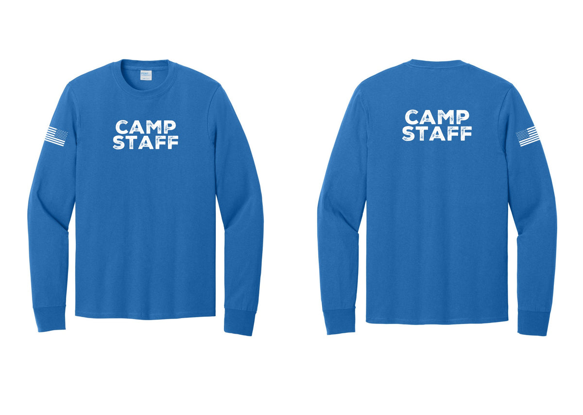 NYC Factory Camp Staff Cotton Long Sleeve T-Shirt (Rustic) - Front + Back + US Flag Sleeve - Royal