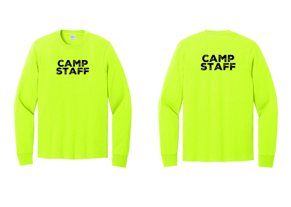 NYC Factory Camp Staff Cotton Long Sleeve T-Shirt (Rustic) - Front + Back - Safety Green
