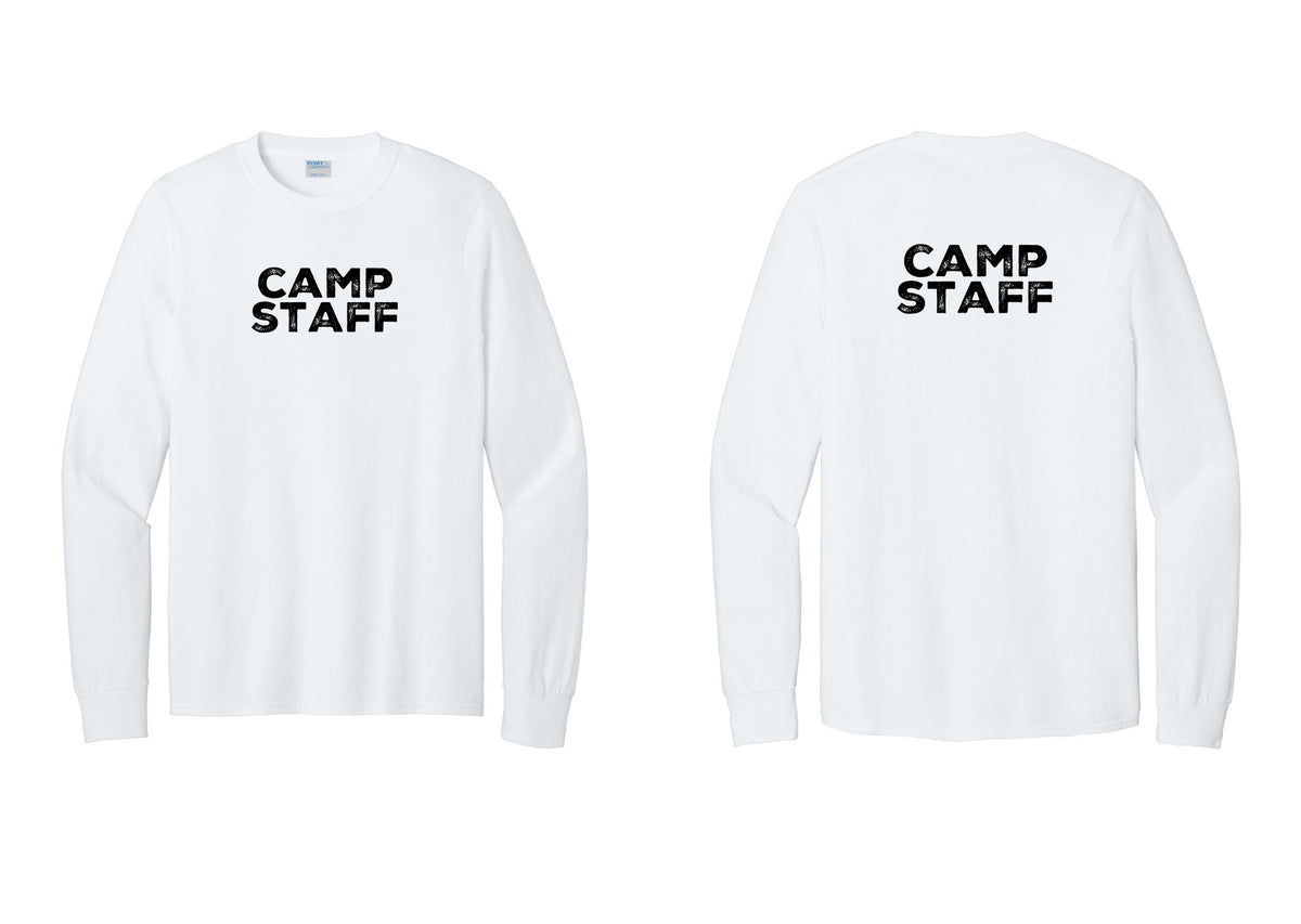 NYC Factory Camp Staff Cotton Long Sleeve T-Shirt (Rustic) - Front + Back - White