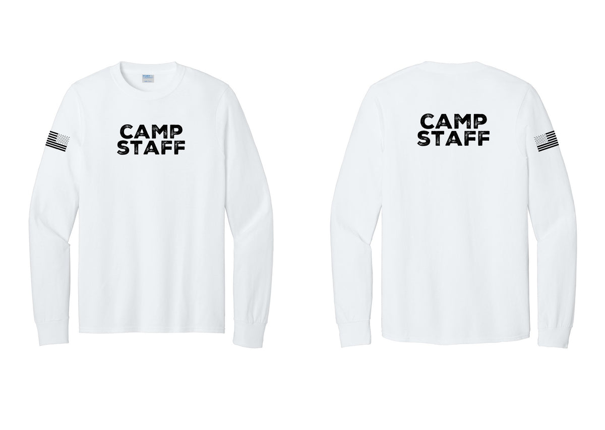 NYC Factory Camp Staff Cotton Long Sleeve T-Shirt (Rustic) - Front + Back + US Flag Sleeve - White