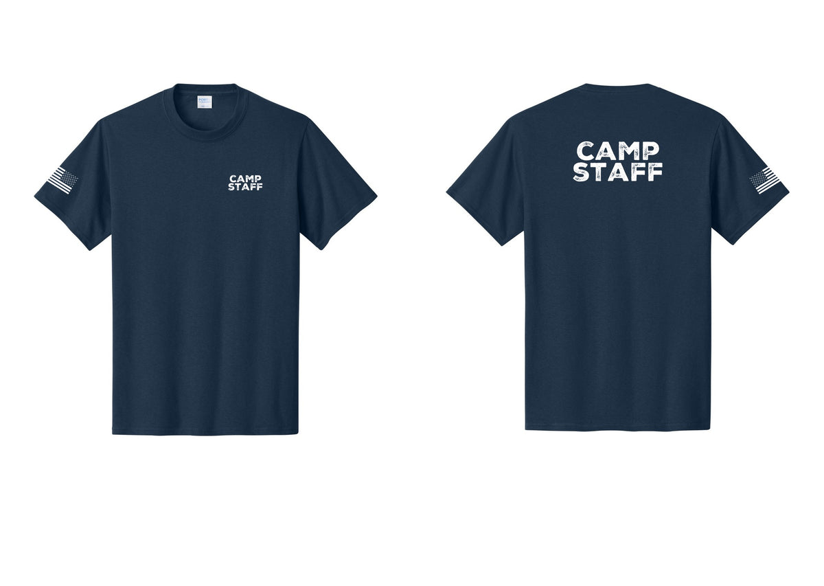 NYC Factory Unisex Camp Staff Charcoal T-Shirt - Chest + Back + US Flag Sleeve - Navy