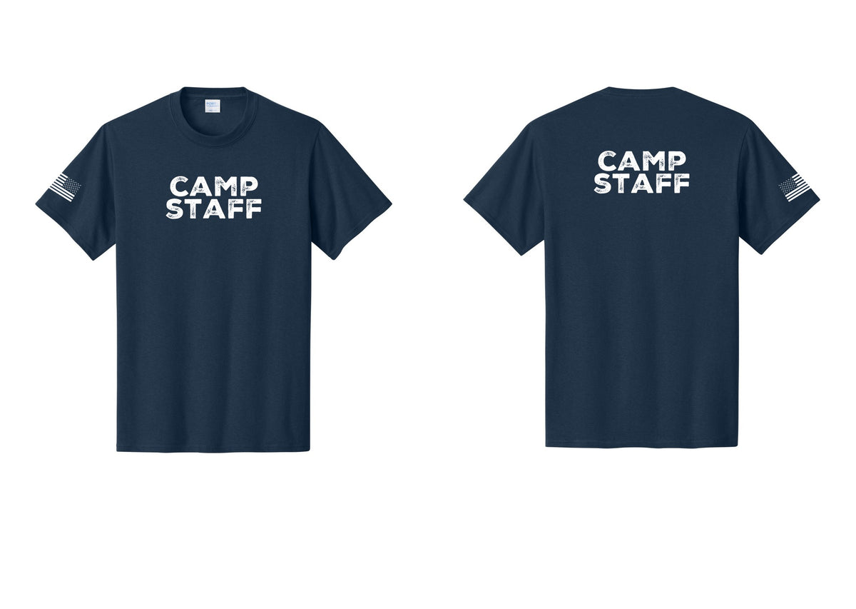 NYC Factory Camp Staff T-Shirt - Front + Back + US Flag Sleeve - Navy