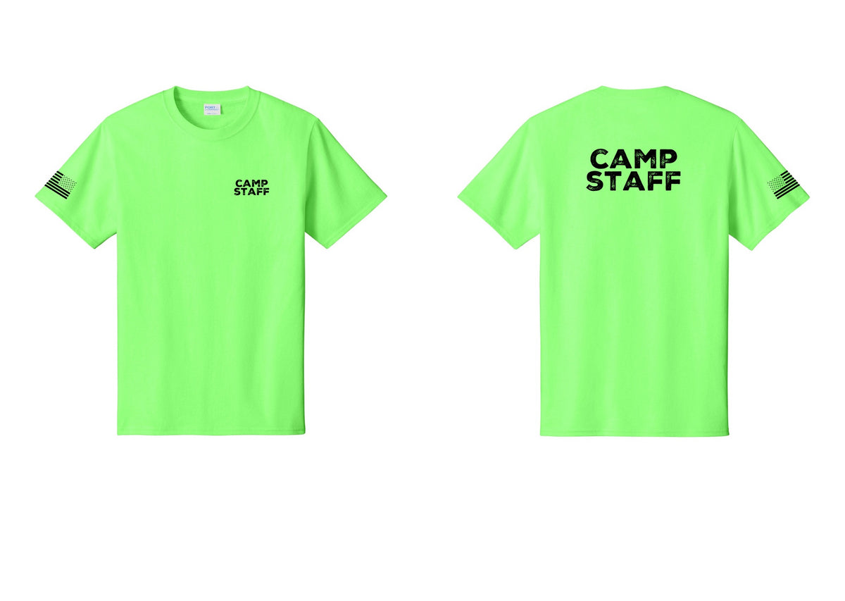NYC Factory Camp Staff T-Shirt - Chest + Back + US Flag Sleeve - Neon Green
