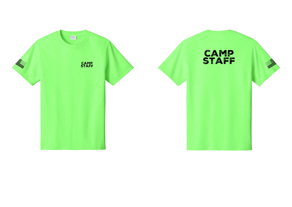 NYC Factory Unisex Camp Staff Charcoal T-Shirt - Chest + Back + US Flag Sleeve - Neon Green