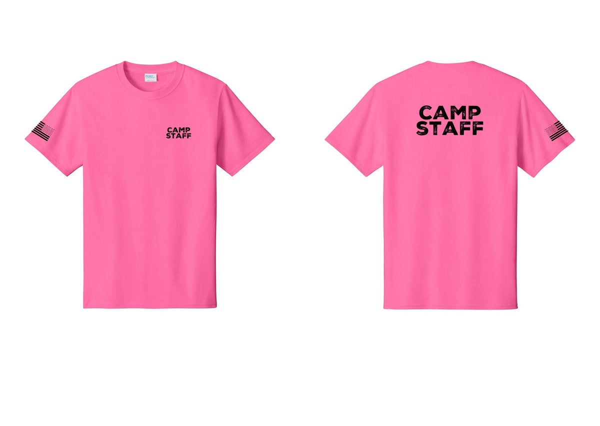 NYC Factory Camp Staff T-Shirt - Chest + Back + US Flag Sleeve - Neon Pink