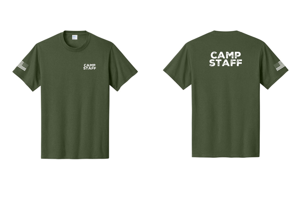 NYC Factory Unisex Camp Staff Charcoal T-Shirt - Chest + Back + US Flag Sleeve - Olive