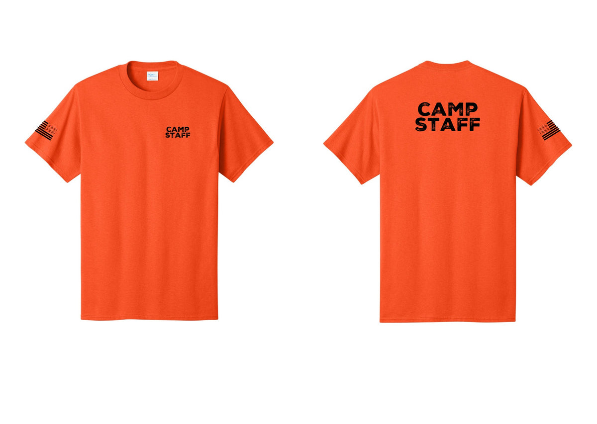 NYC Factory Unisex Camp Staff Charcoal T-Shirt - Chest + Back + US Flag Sleeve - Orange