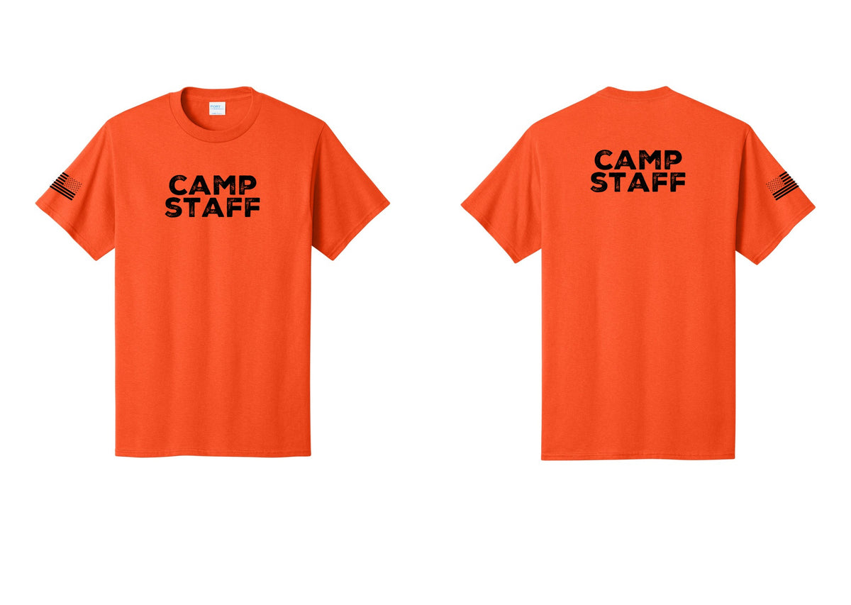 NYC Factory Camp Staff T-Shirt - Front + Back + US Flag Sleeve - Orange