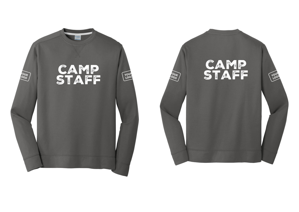 NYC Factory Custom Logo Camp Staff Performance Fleece Crewneck Sweatshirt (Rustic) - Front + Back + Your Logo Sleeves - Charcoal