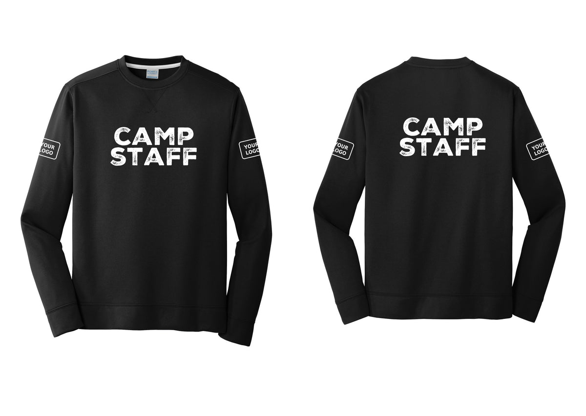 NYC Factory Custom Logo Camp Staff Performance Fleece Crewneck Sweatshirt (Rustic) - Front + Back + Your Logo Sleeves - Black