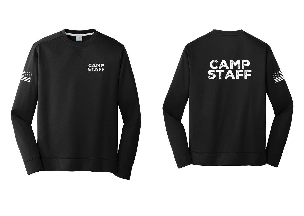 NYC Factory Camp Staff Performance Fleece Crewneck Sweatshirt (Rustic) - Chest + Back + US Flag Sleeve - Black