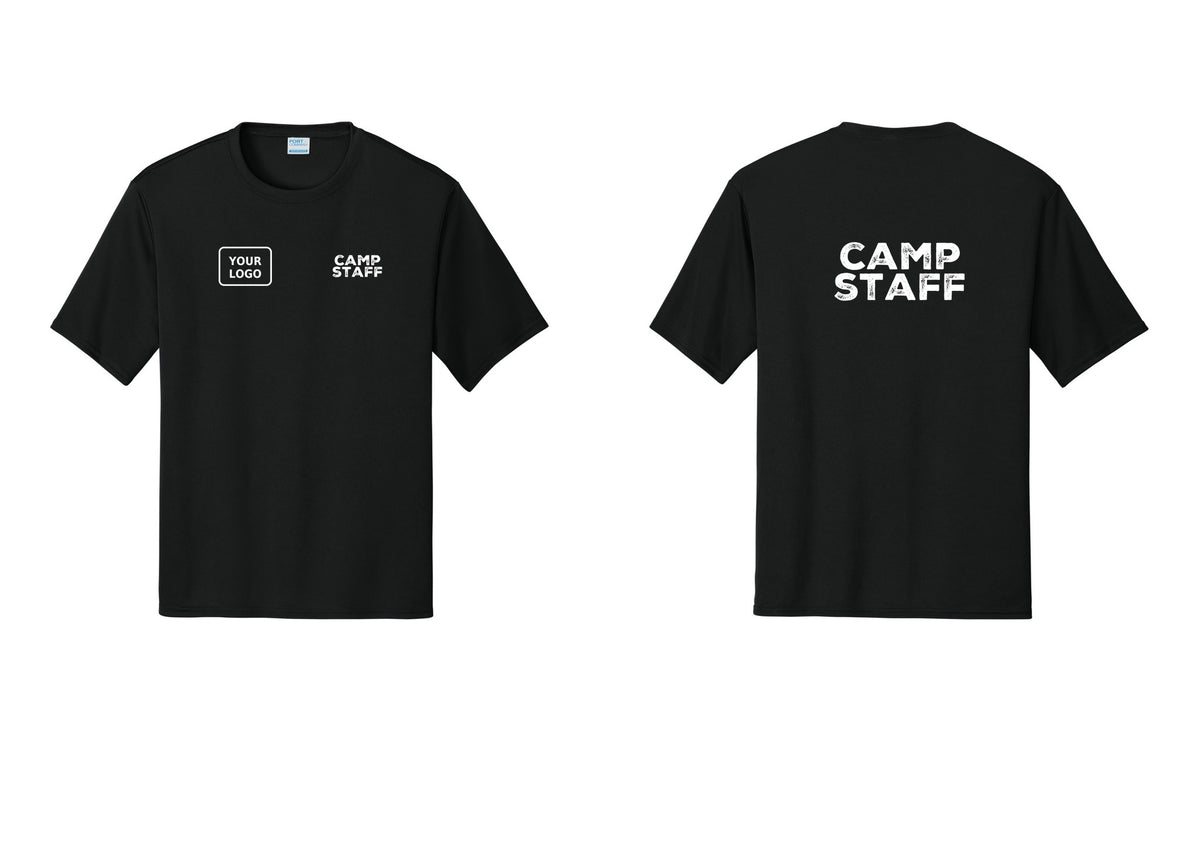 NYC Factory Custom Logo Camp Staff Performance T-Shirt (Rustic) - CAMP STAFF + Your Logo + Back - Black