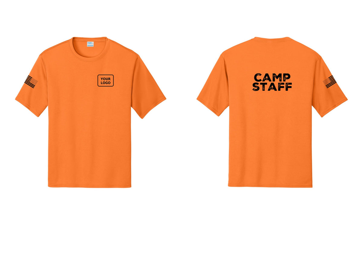 NYC Factory Custom Logo Camp Staff Performance T-Shirt (Rustic) - Your Logo + Back + US Flag Sleeve - Neon Orange