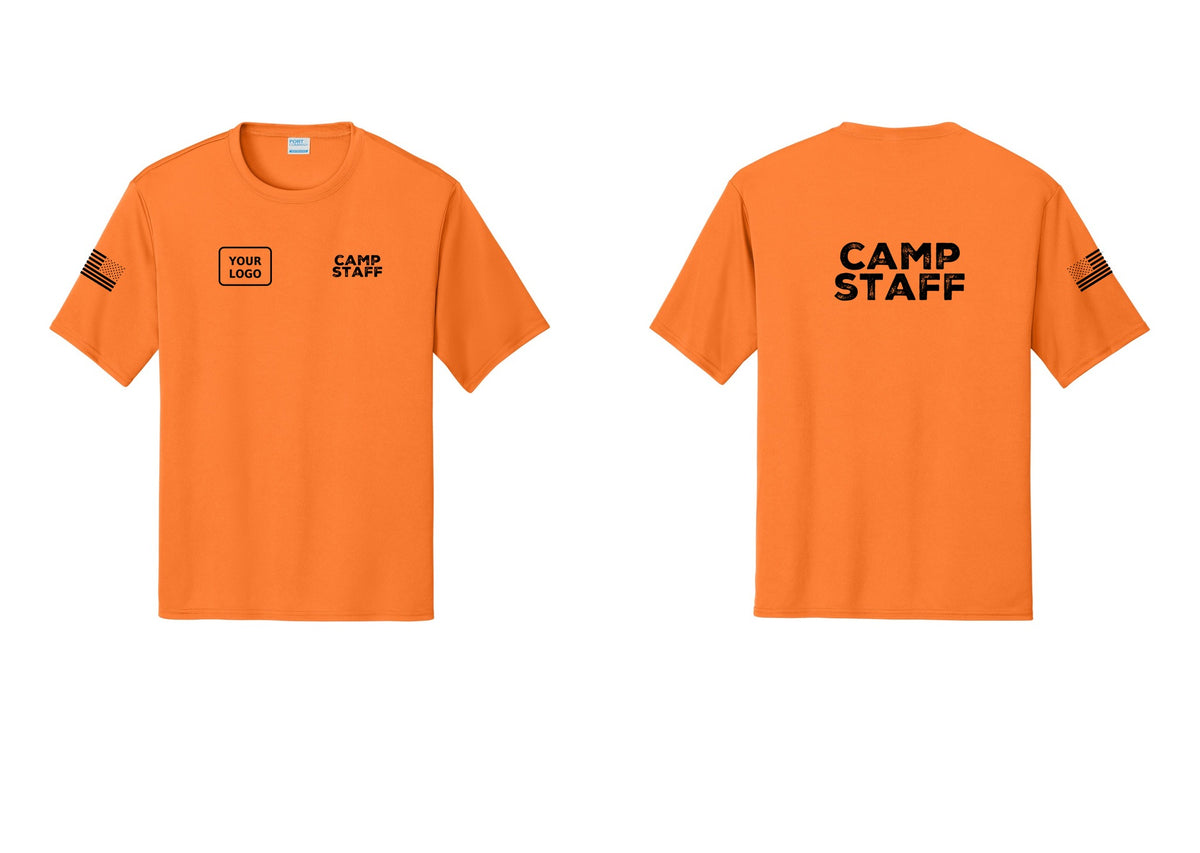 NYC Factory Custom Logo Camp Staff Performance T-Shirt (Rustic) - CAMP STAFF + Your Logo + Back + US Flag Sleeve - Neon Orange