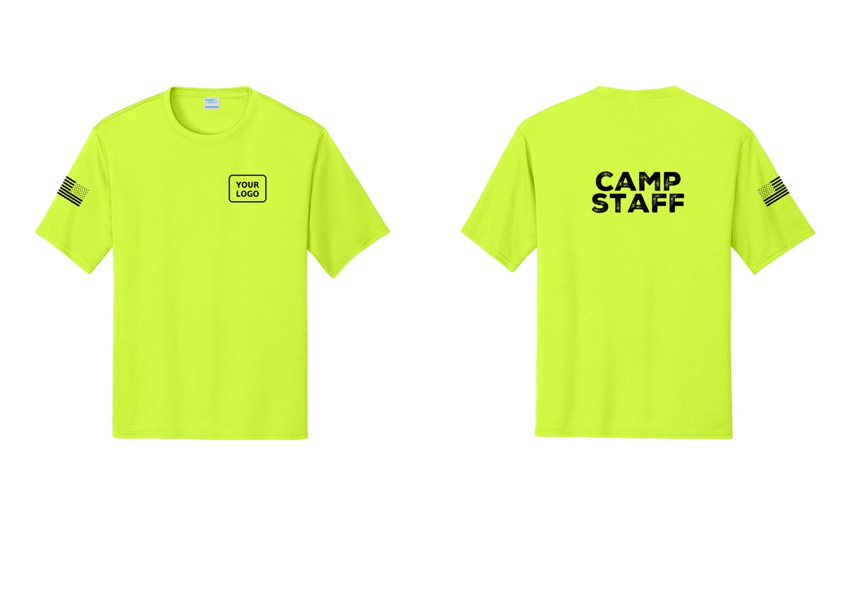 NYC Factory Custom Logo Camp Staff Performance T-Shirt (Rustic) - Your Logo + Back + US Flag Sleeve - Neon Yellow