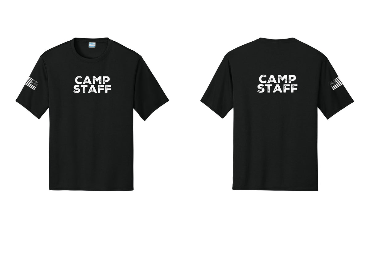 NYC Factory Camp Staff Performance T-Shirt (Rustic) - Front + Back + US Flag Sleeve - Black