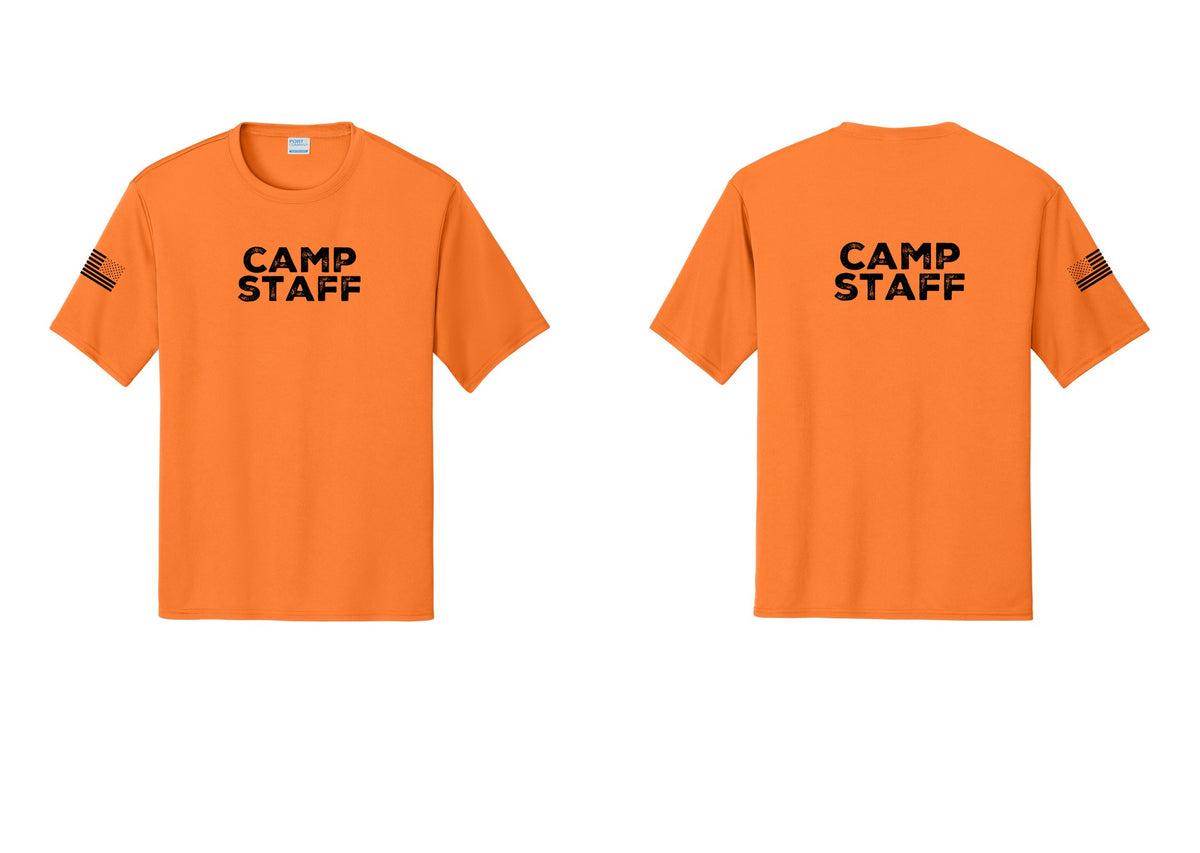 NYC Factory Camp Staff Performance T-Shirt (Rustic) - Front + Back + US Flag Sleeve - Neon Orange