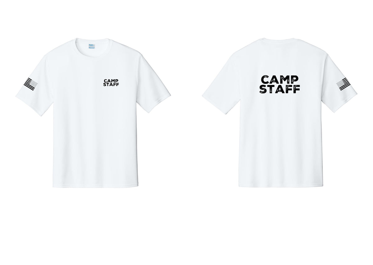 NYC Factory Camp Staff Performance T-Shirt (Rustic) - Chest + Back + US Flag Sleeve - White
