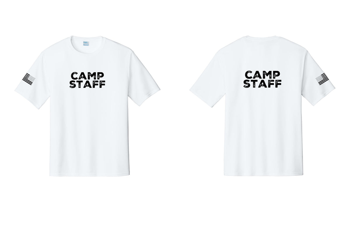 NYC Factory Camp Staff Performance T-Shirt (Rustic) - Front + Back + US Flag Sleeve - White