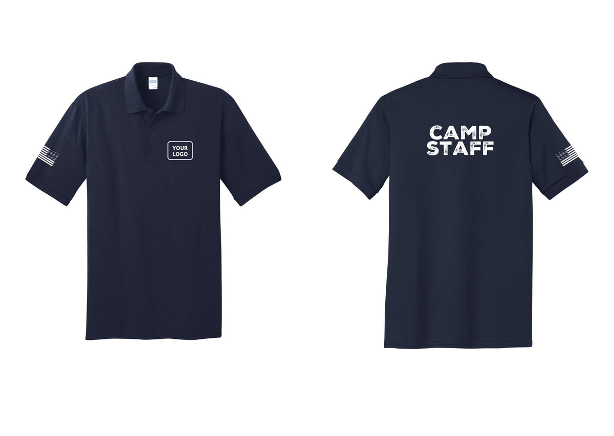 NYC Factory Custom Logo Camp Staff Polo Shirt (Rustic) - Your Logo + Back + US Flag Sleeve - Navy